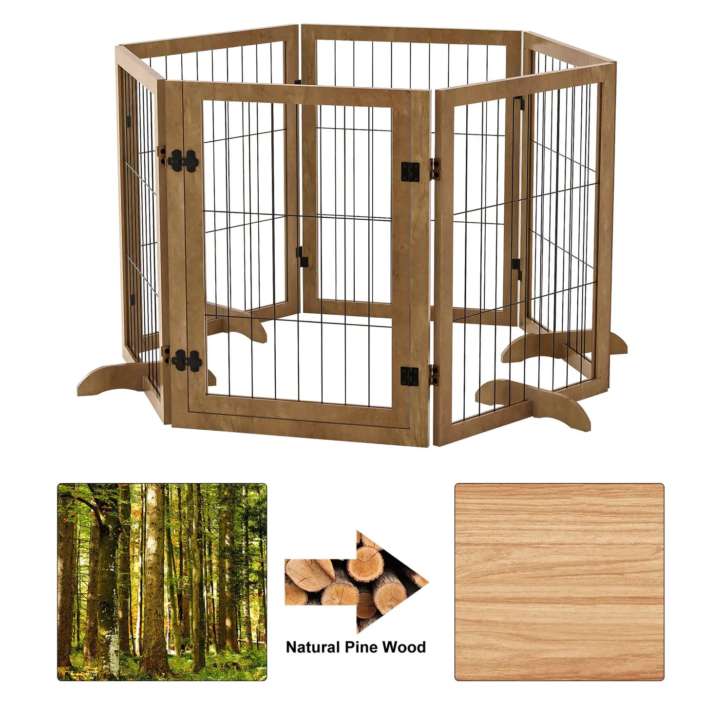 Dog Gate With Door Walk Through 144inch Extra Wide 32inch Tall 6 Panels Foldable Wire Pet Gate Barrier For House Doorway Stairs Pet Puppy Safety Fence Support Feet Included Solid Hard Wood