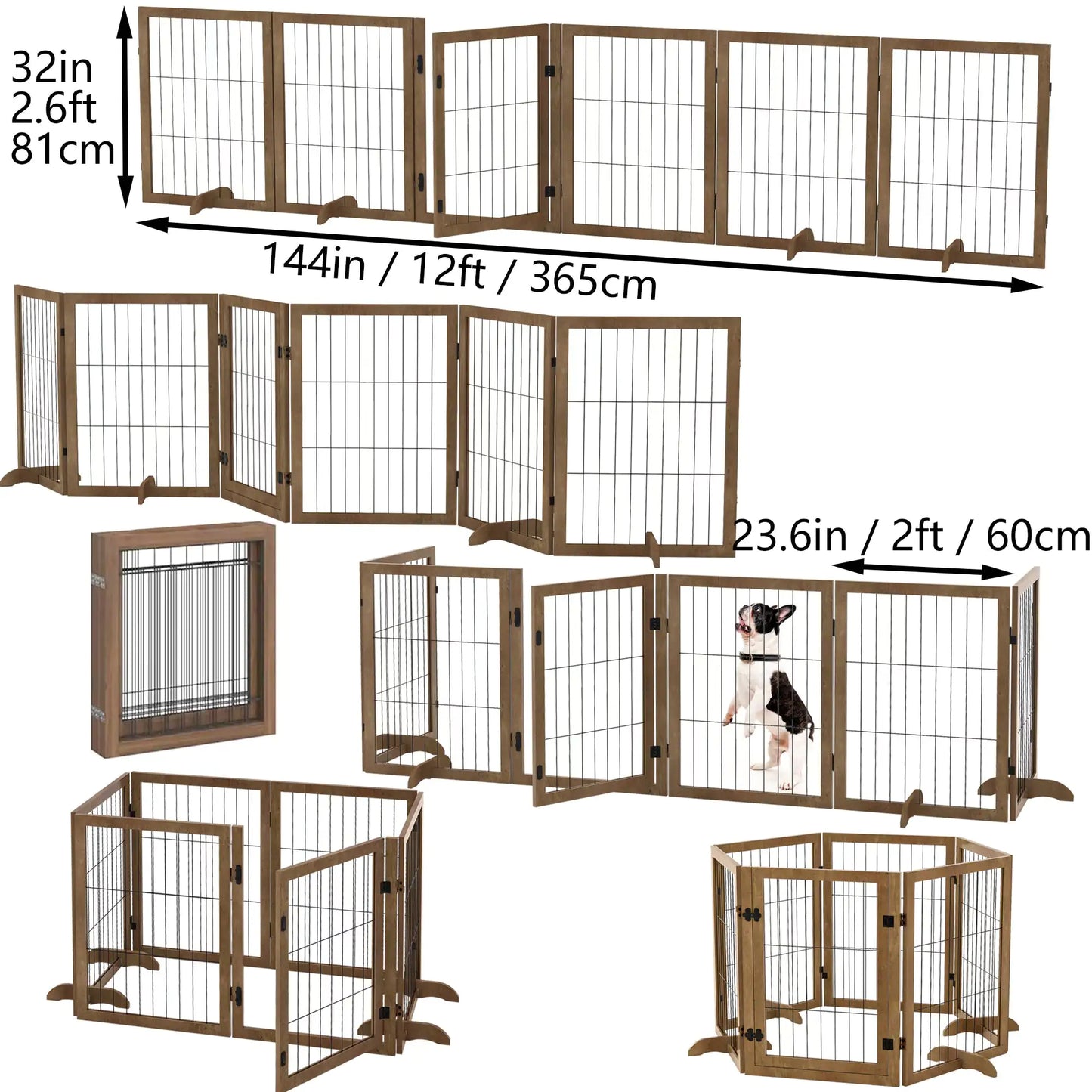 Dog Gate With Door Walk Through 144inch Extra Wide 32inch Tall 6 Panels Foldable Wire Pet Gate Barrier For House Doorway Stairs Pet Puppy Safety Fence Support Feet Included Solid Hard Wood