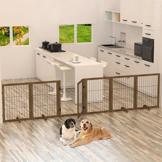 Dog Gate With Door Walk Through 144inch Extra Wide 32inch Tall 6 Panels Foldable Wire Pet Gate Barrier For House Doorway Stairs Pet Puppy Safety Fence Support Feet Included Solid Hard Wood