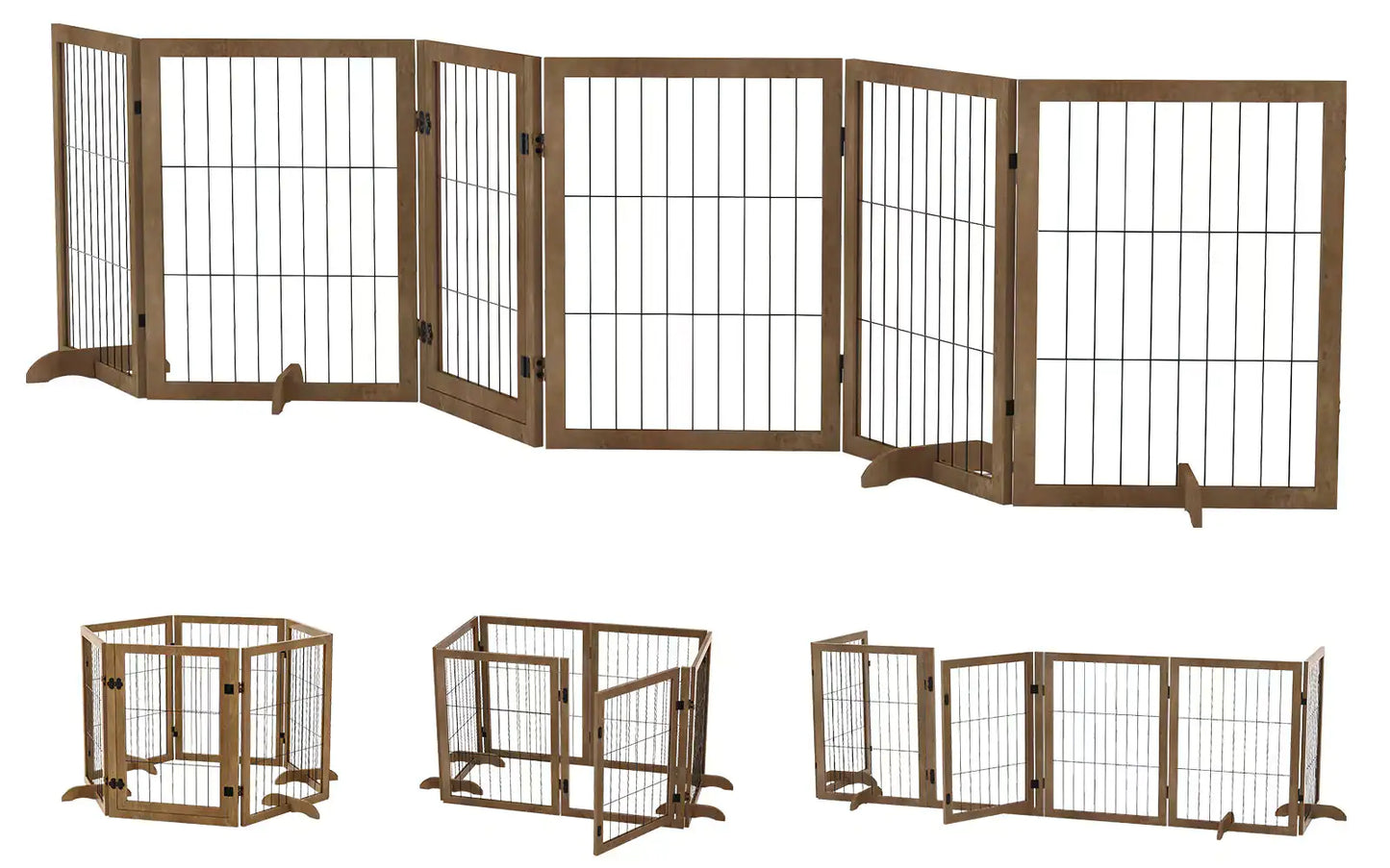 Dog Gate With Door Walk Through 144inch Extra Wide 32inch Tall 6 Panels Foldable Wire Pet Gate Barrier For House Doorway Stairs Pet Puppy Safety Fence Support Feet Included Solid Hard Wood